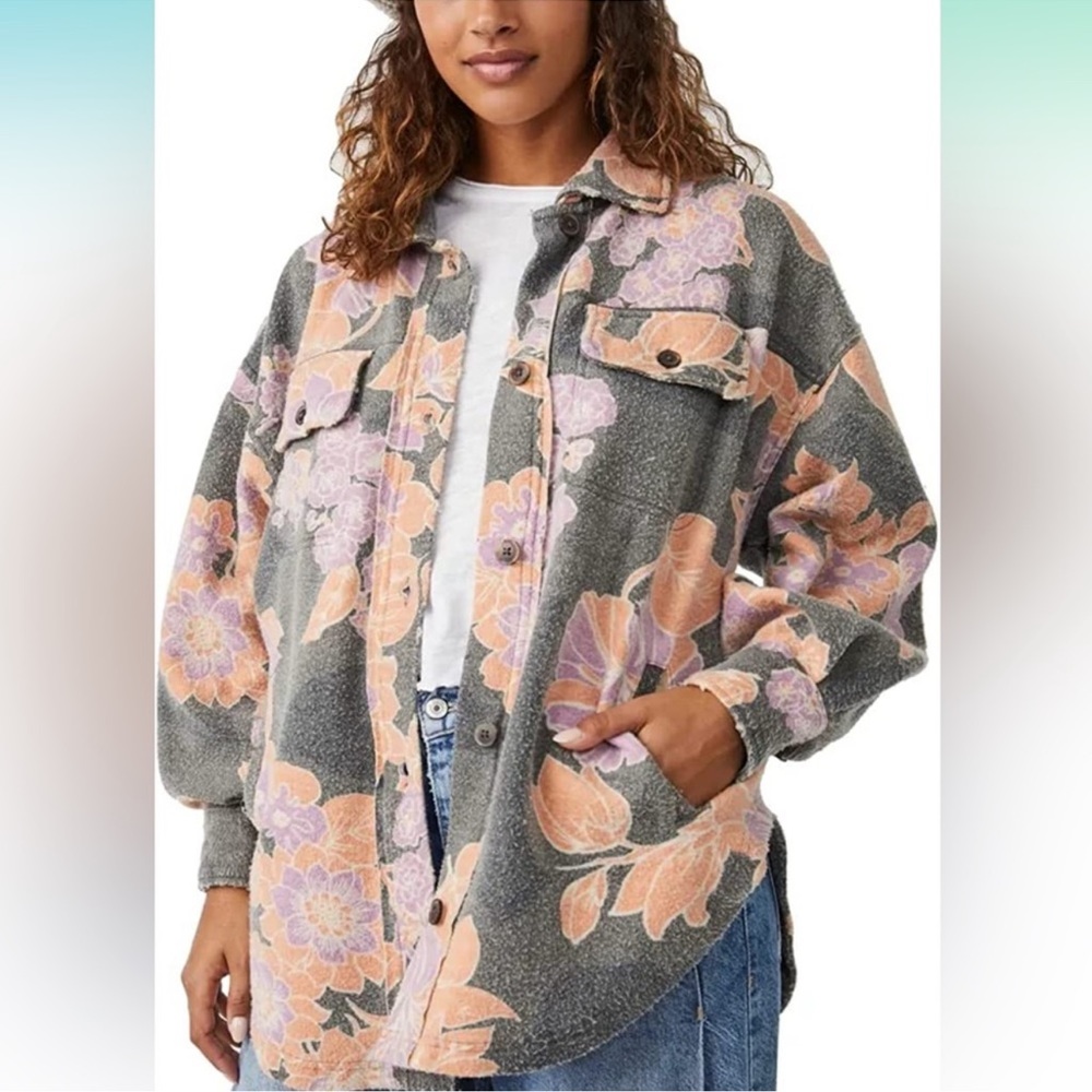 Free People Floral button down shacket Gray, Peach & Lavender